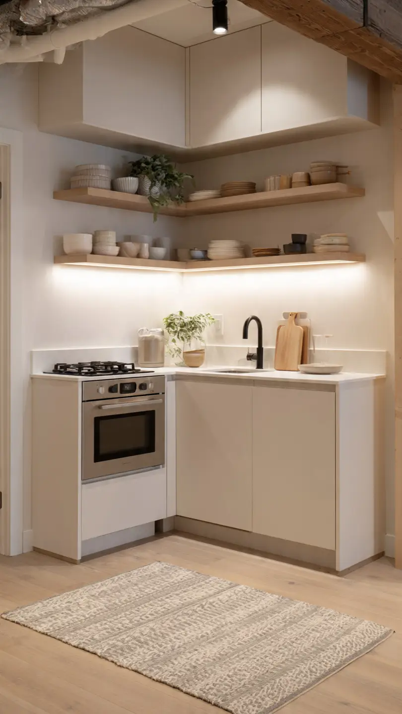 Minimalist Basement Kitchenette with Stove and Floating Shelves