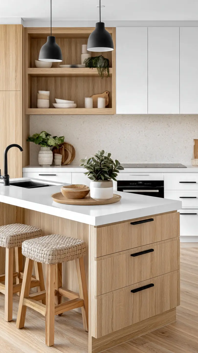Minimalist White Scandinavian Kitchen Island With Light Oak Accents