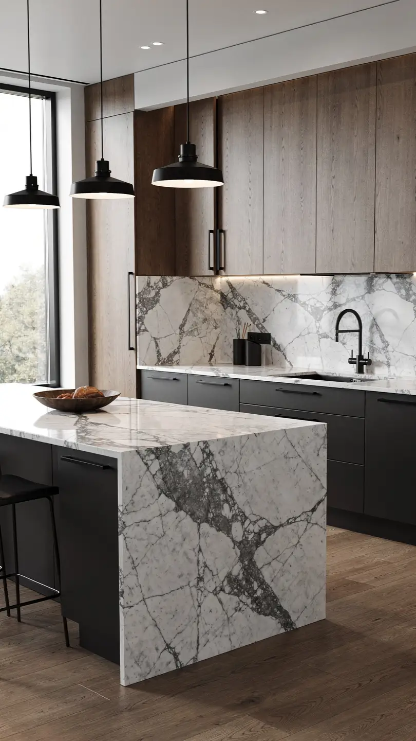 Mix Matte Black Accents into a Calacatta Marble Kitchen