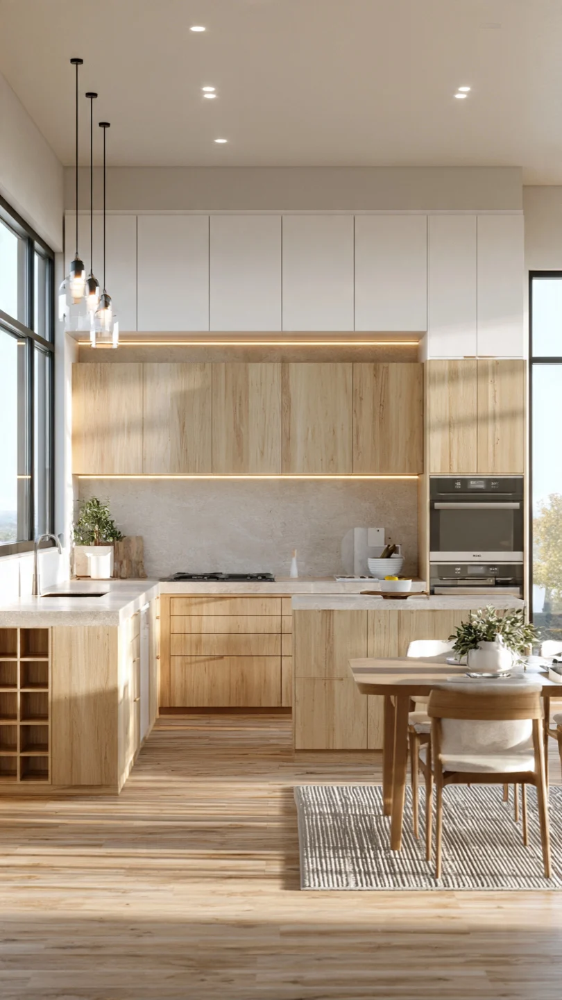 Mix Natural Wood and White Scandinavian Kitchen Cabinets for Balanced Contrast