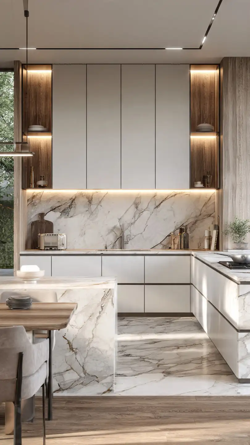 Mixed Texture Calacatta Marble Backsplash with Matte Finishes