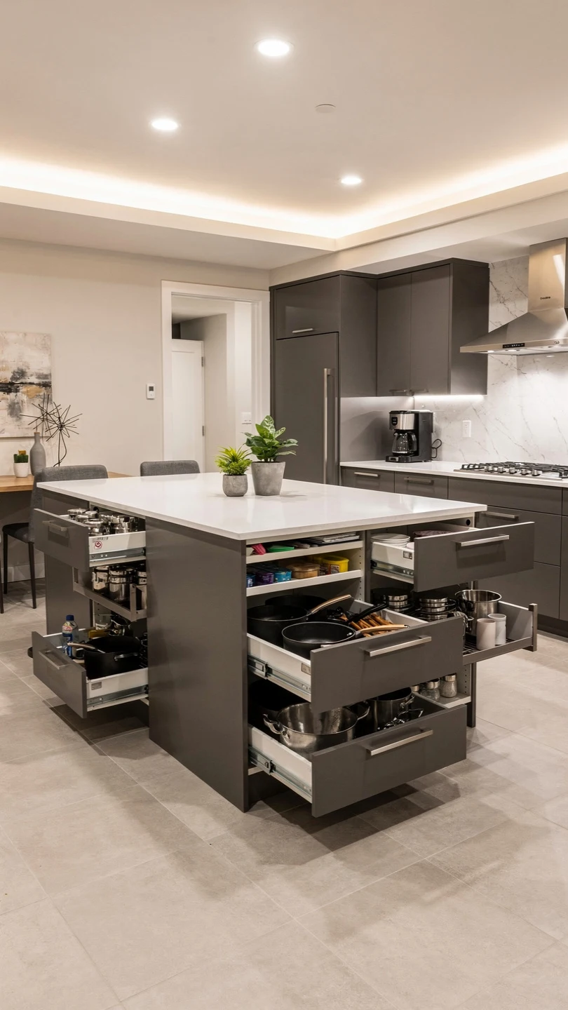 Modern Basement Kitchenette with Island and Smart Storage