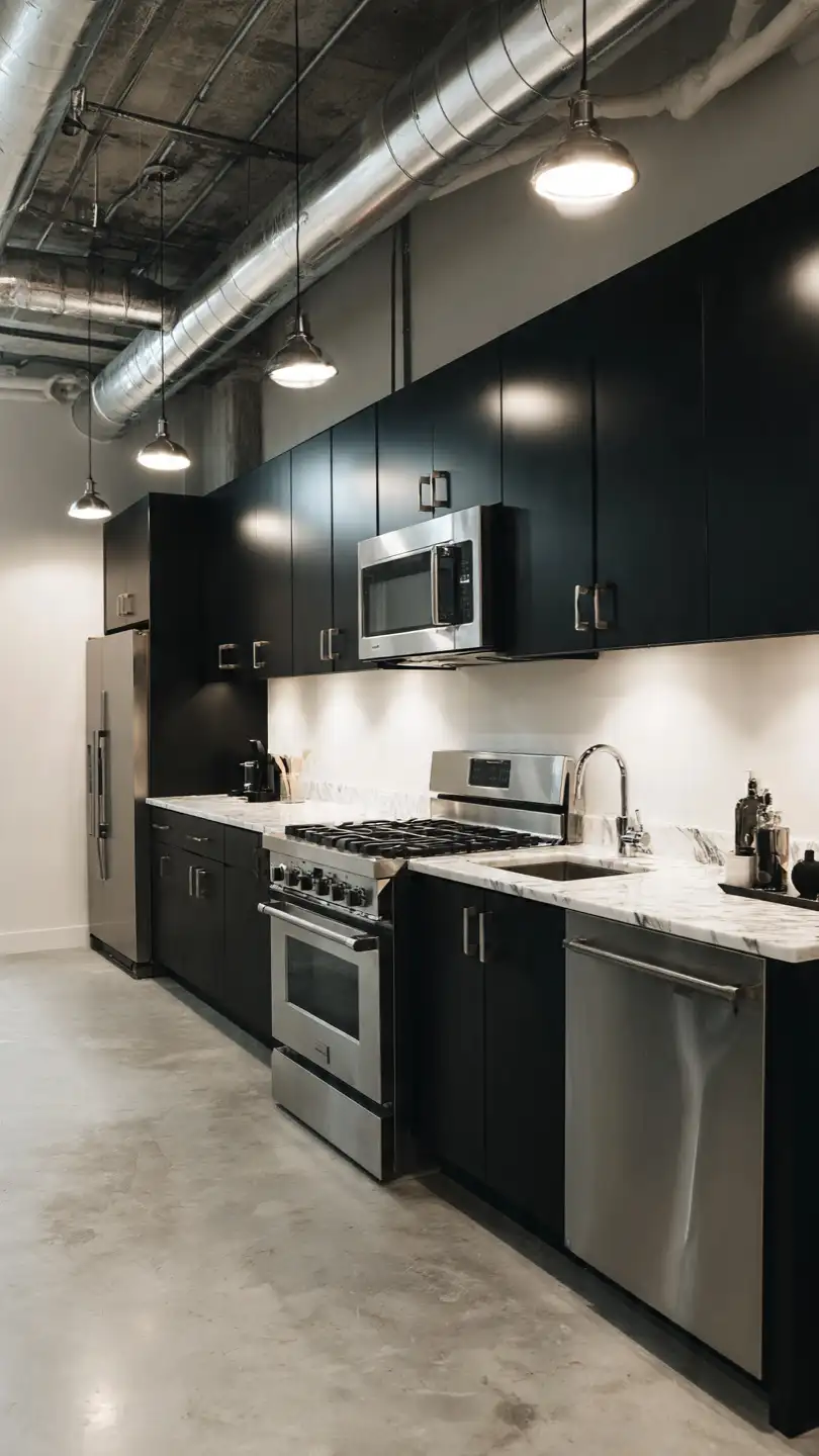 Modern Black and White Basement Kitchenette with Stove Design