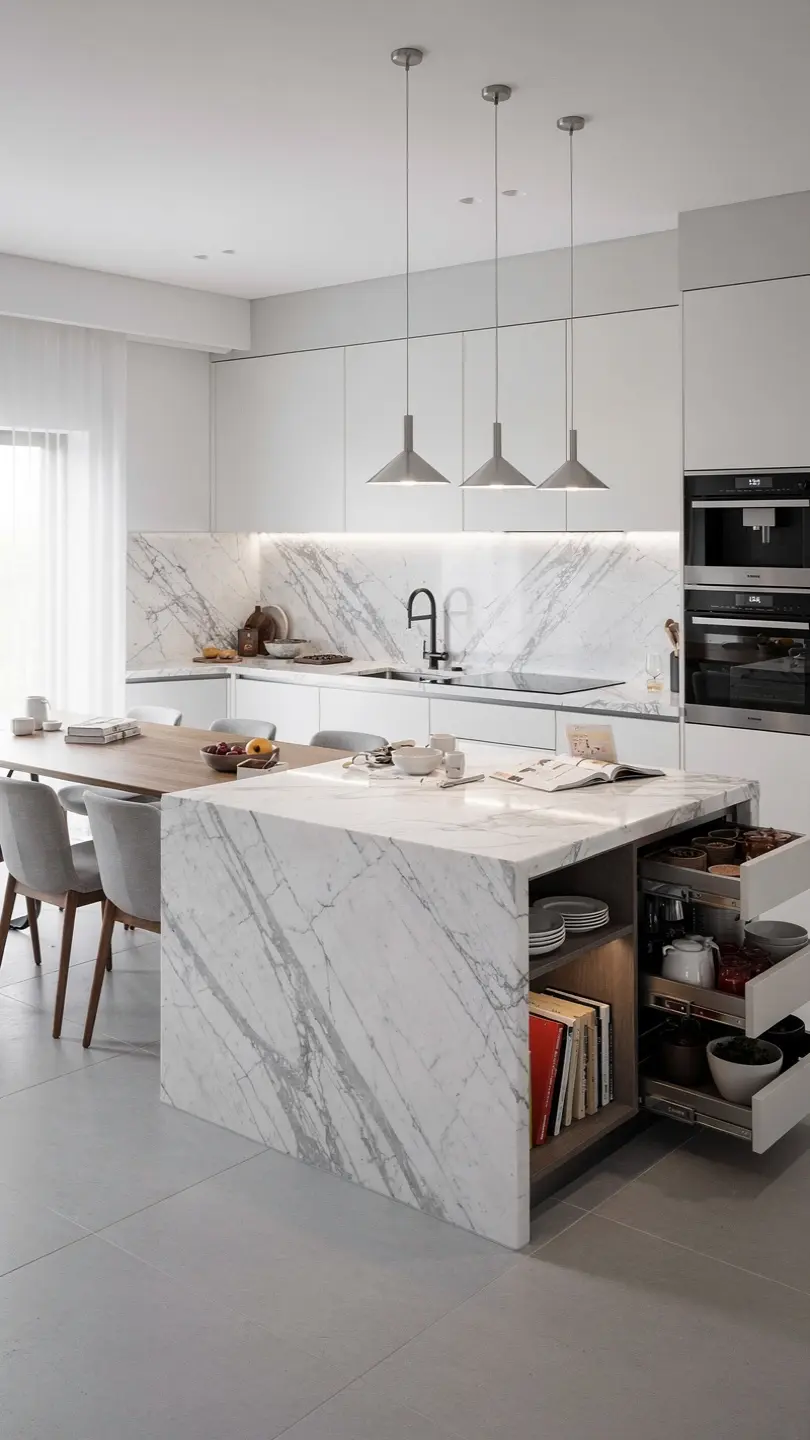 Multi-Functional Calacatta Marble Kitchen Island Workspace