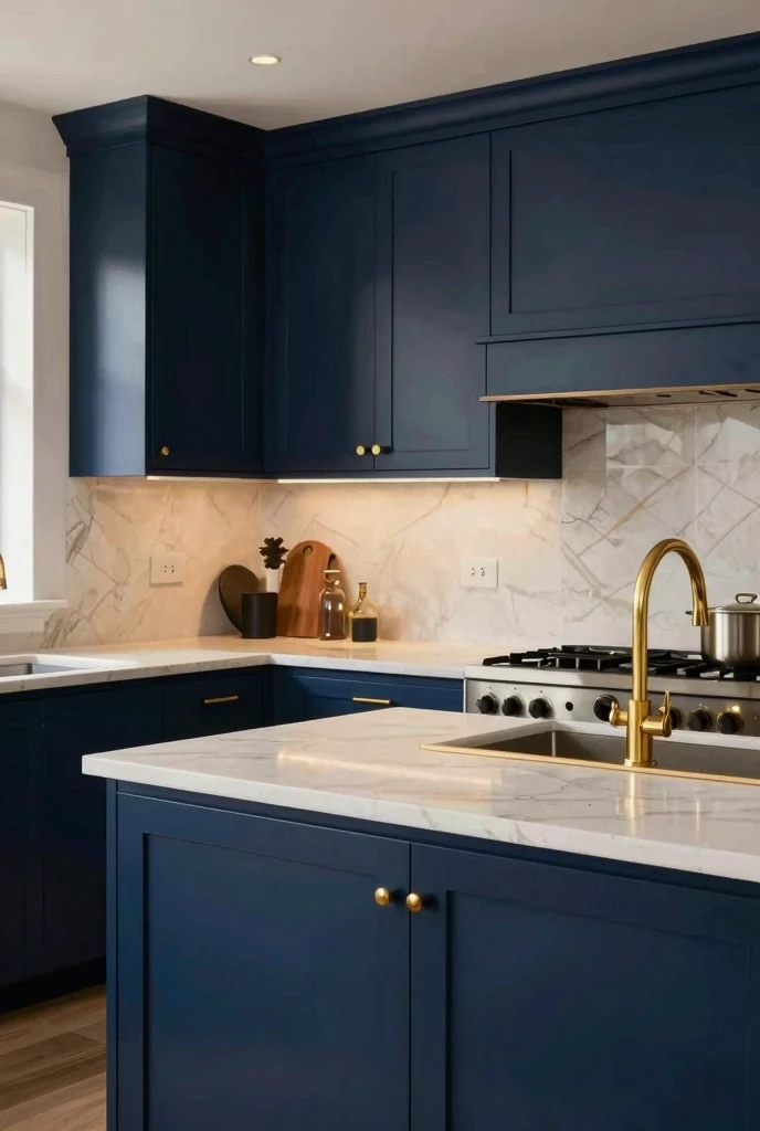 Navy Blue Cabinets with Gold-Toned Countertops