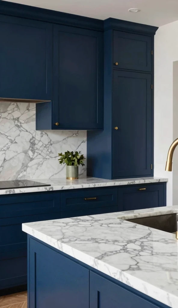 Navy Blue Cabinets with Marble Countertops
