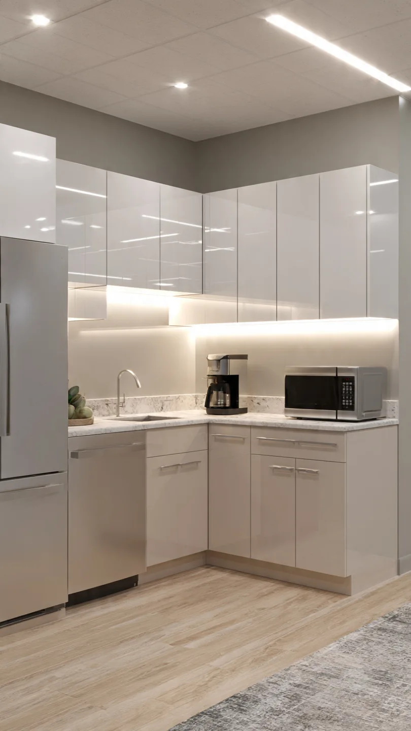 Neutral color palette for basement kitchen expansion effect