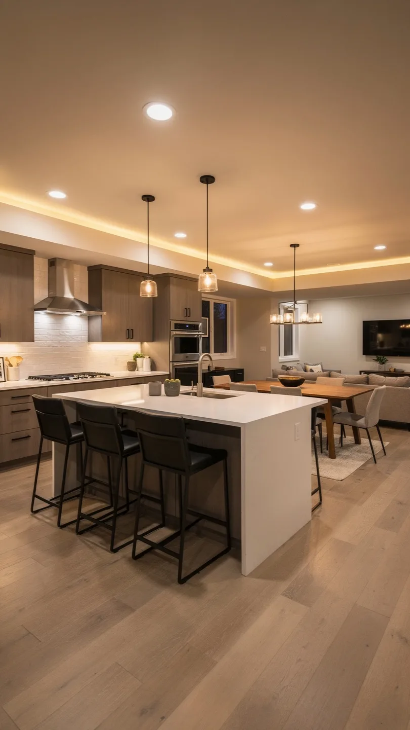 Open Concept Basement Kitchenette with Island Flow