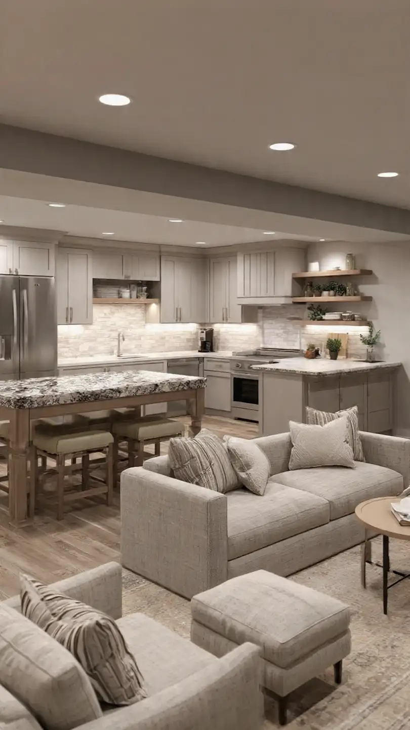 Open Concept Basement Kitchenette with Stove and Lounge Area