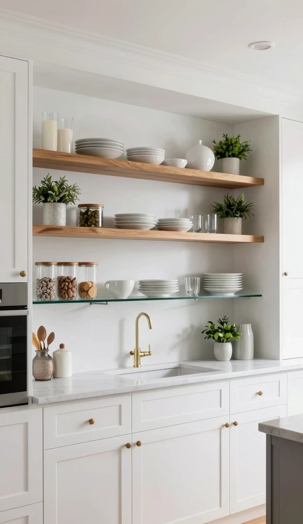 Open Shelving Combined With White Cabinets
