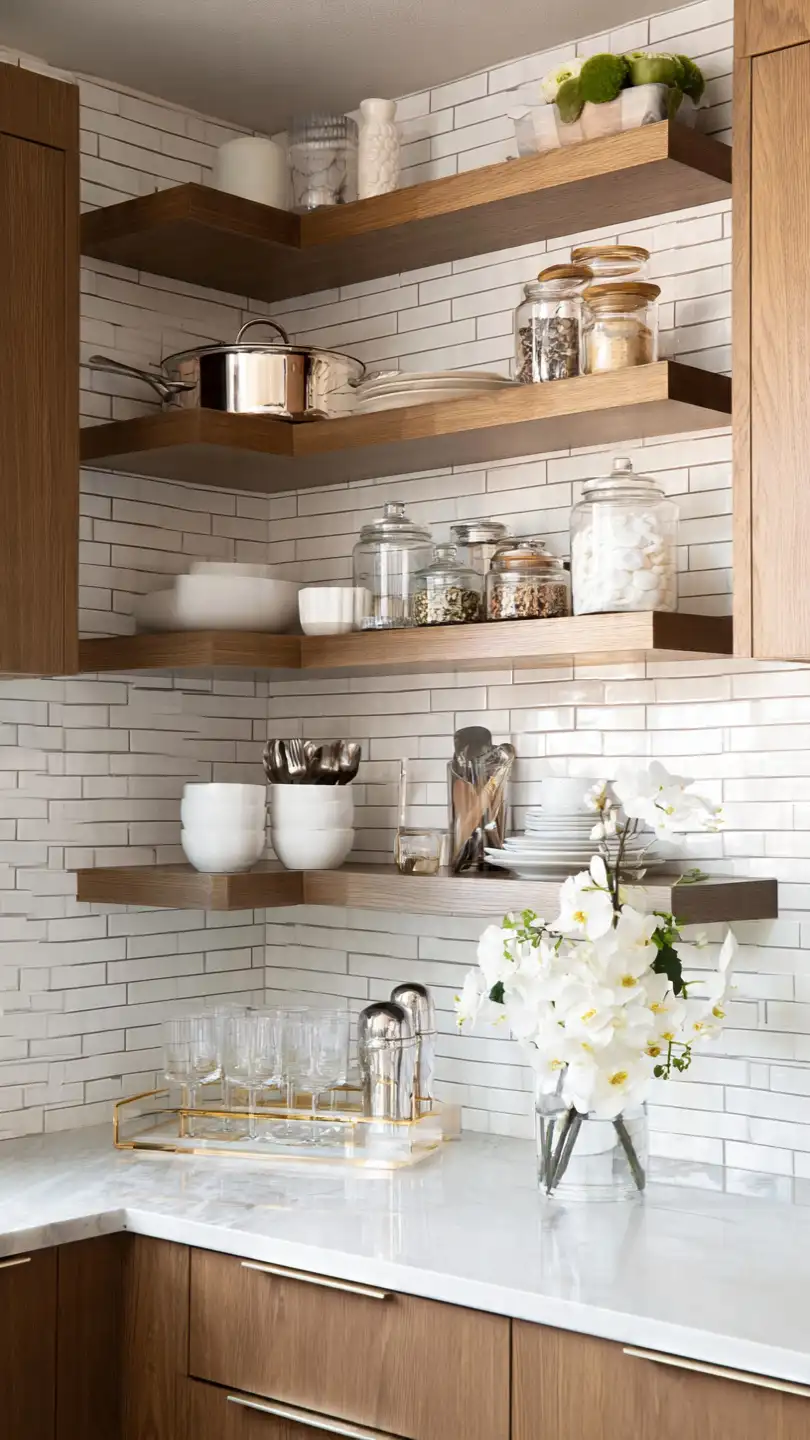 Open shelving storage integration for visual spaciousness