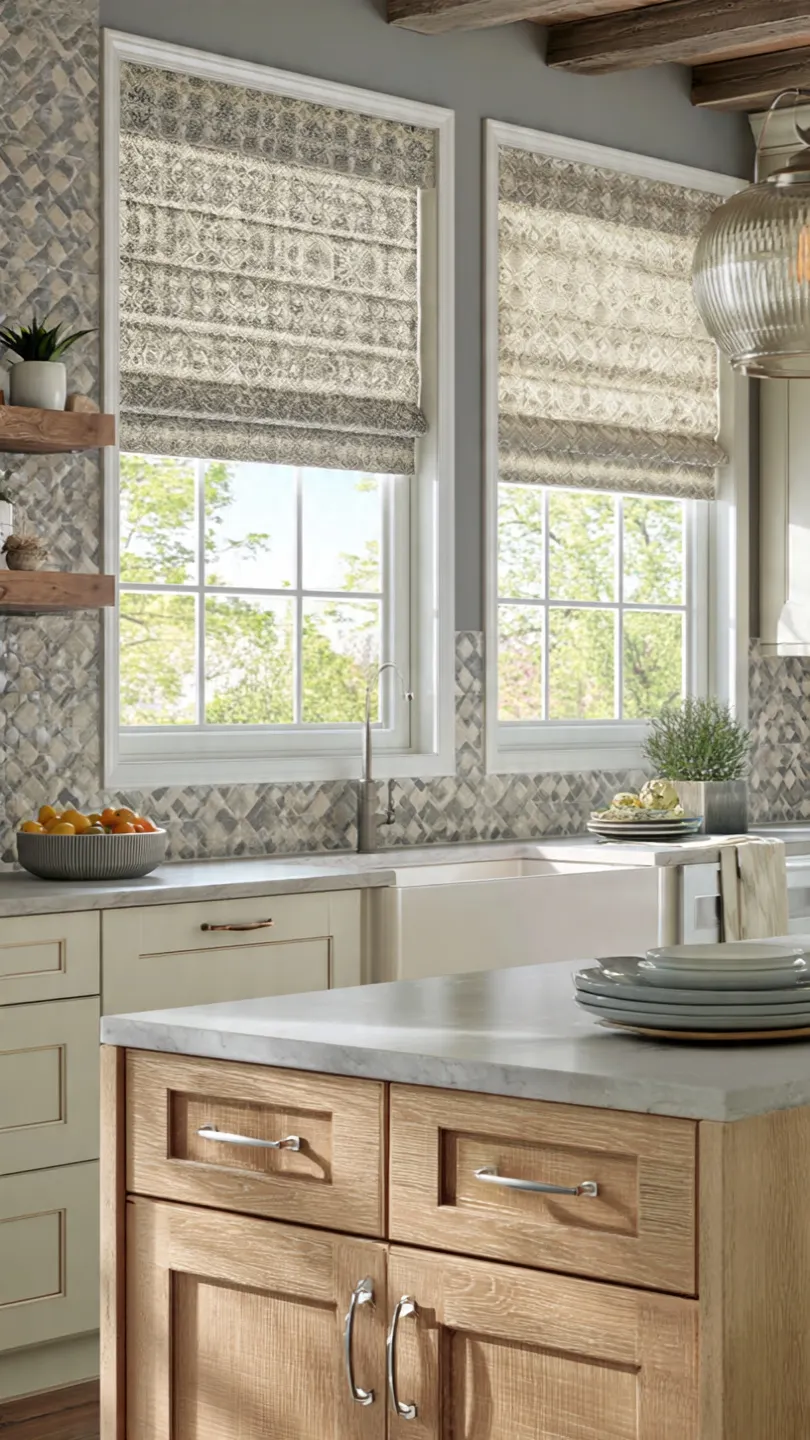 Patterned Fabric Blinds Adding Visual Interest Above Kitchen Sink Windows