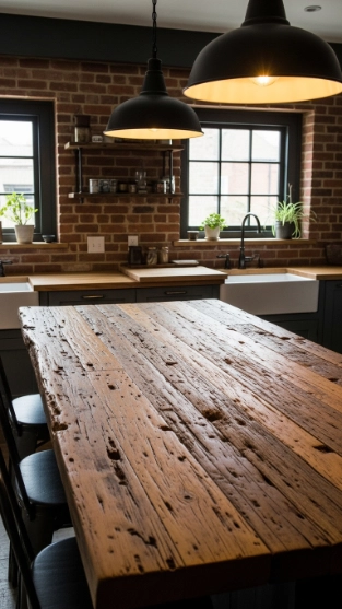 Reclaimed Wood Slab Kitchen Countertops with Vintage Character