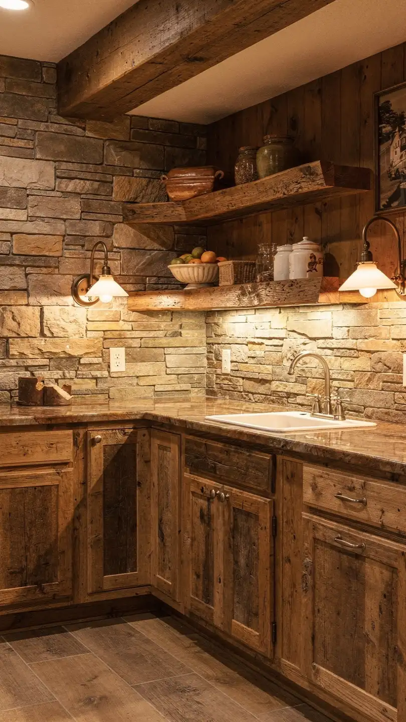 Rustic Basement Kitchenette With Warm Wood Finishes