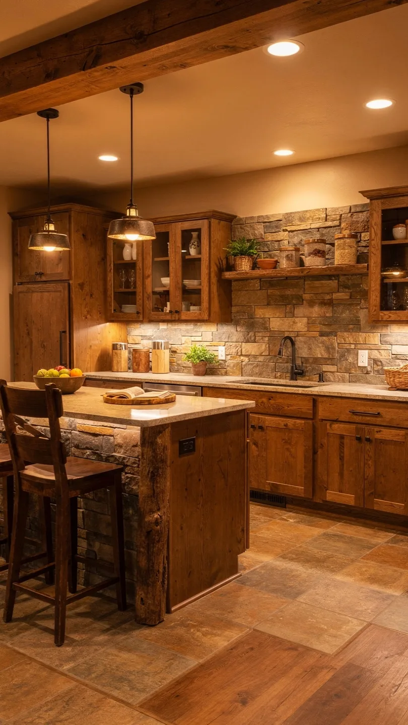 Rustic Basement Kitchenette with Island Warm Design