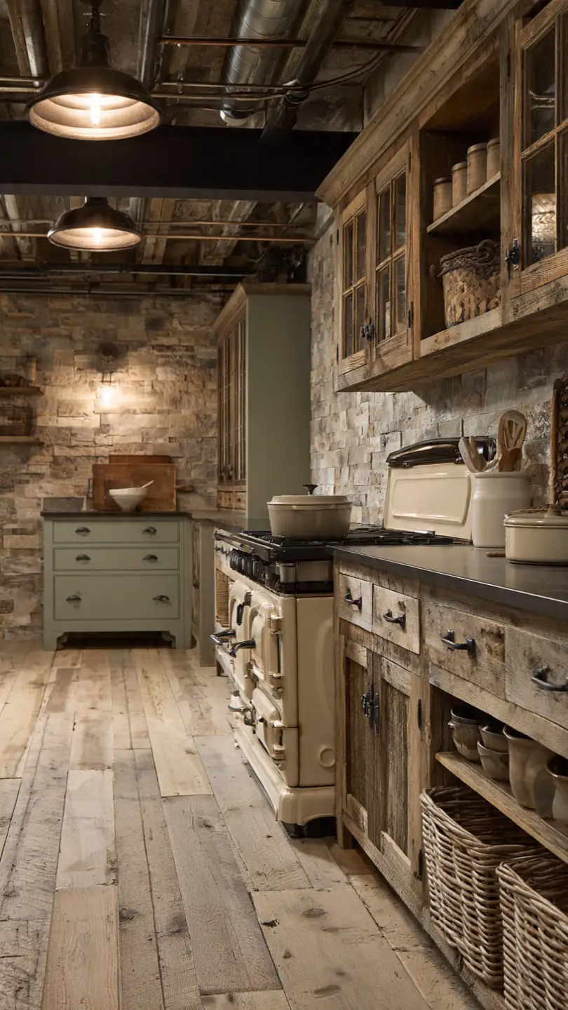 Rustic Farmhouse Basement Kitchenette with Stove Features