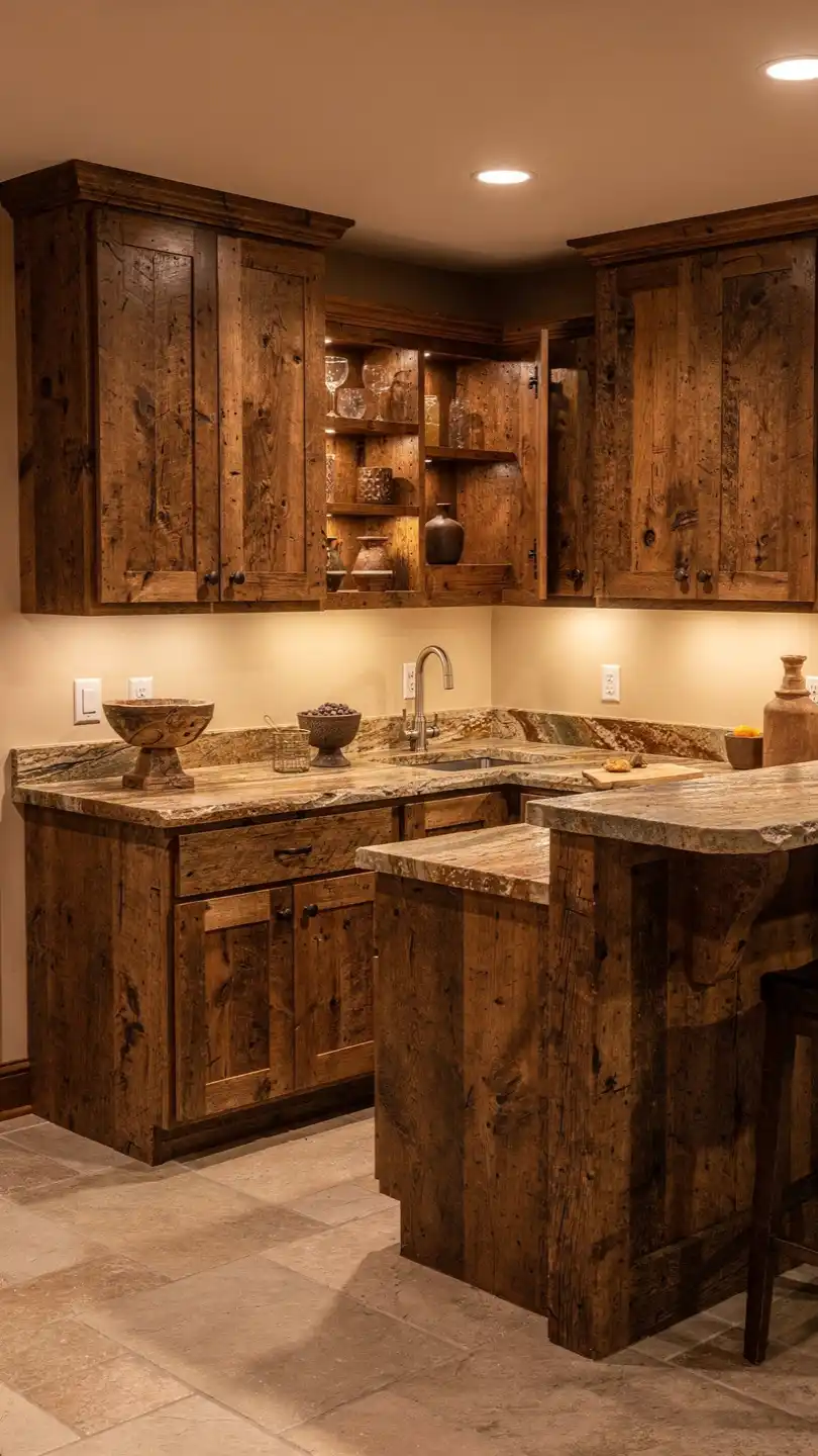 Rustic Inspired Basement Kitchenette Bar with Wooden Accents