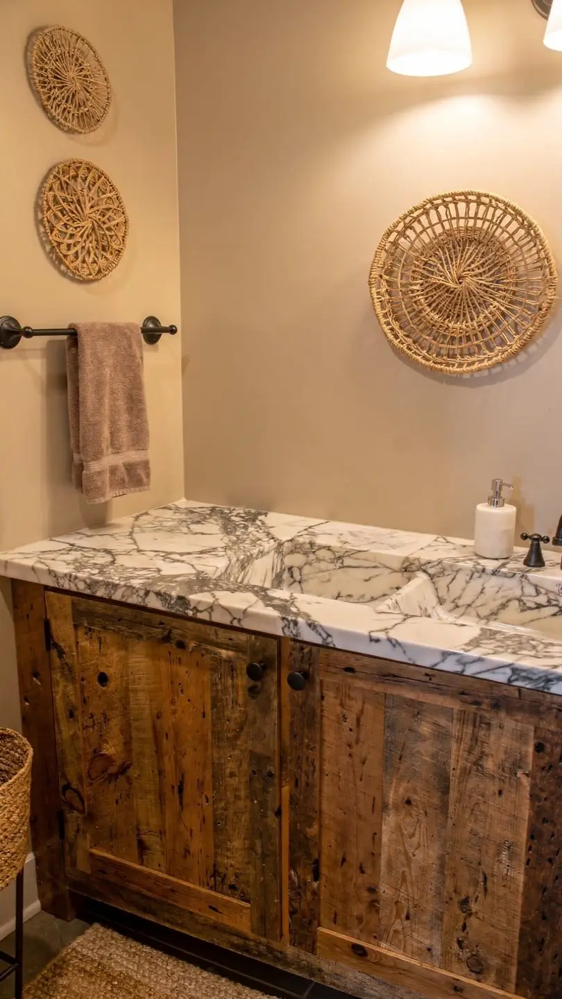 Rustic Wood Vanity with a Calacatta Marble Sink Combination