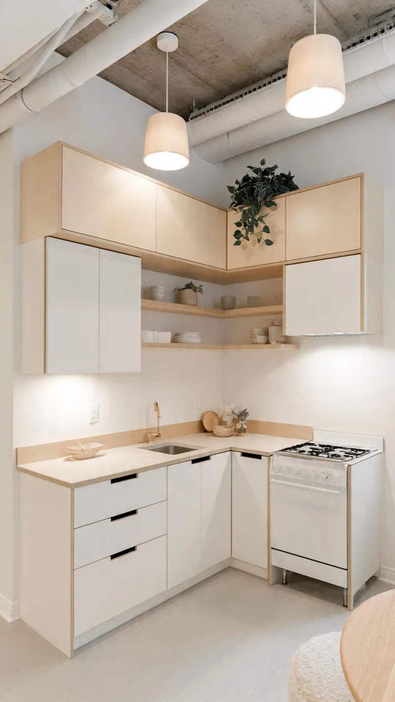Scandinavian Basement Kitchenette with Stove and Bright Finishes
