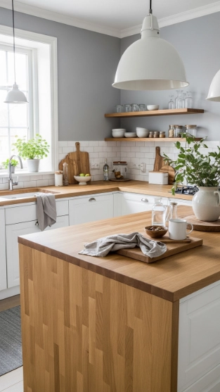 Scandinavian-Inspired Wood Slab Countertops with Soft Neutral Tones