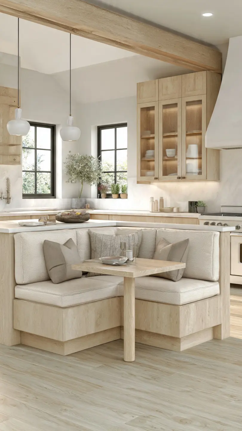 Scandinavian Kitchen Island Featuring Built-In Dining Seating