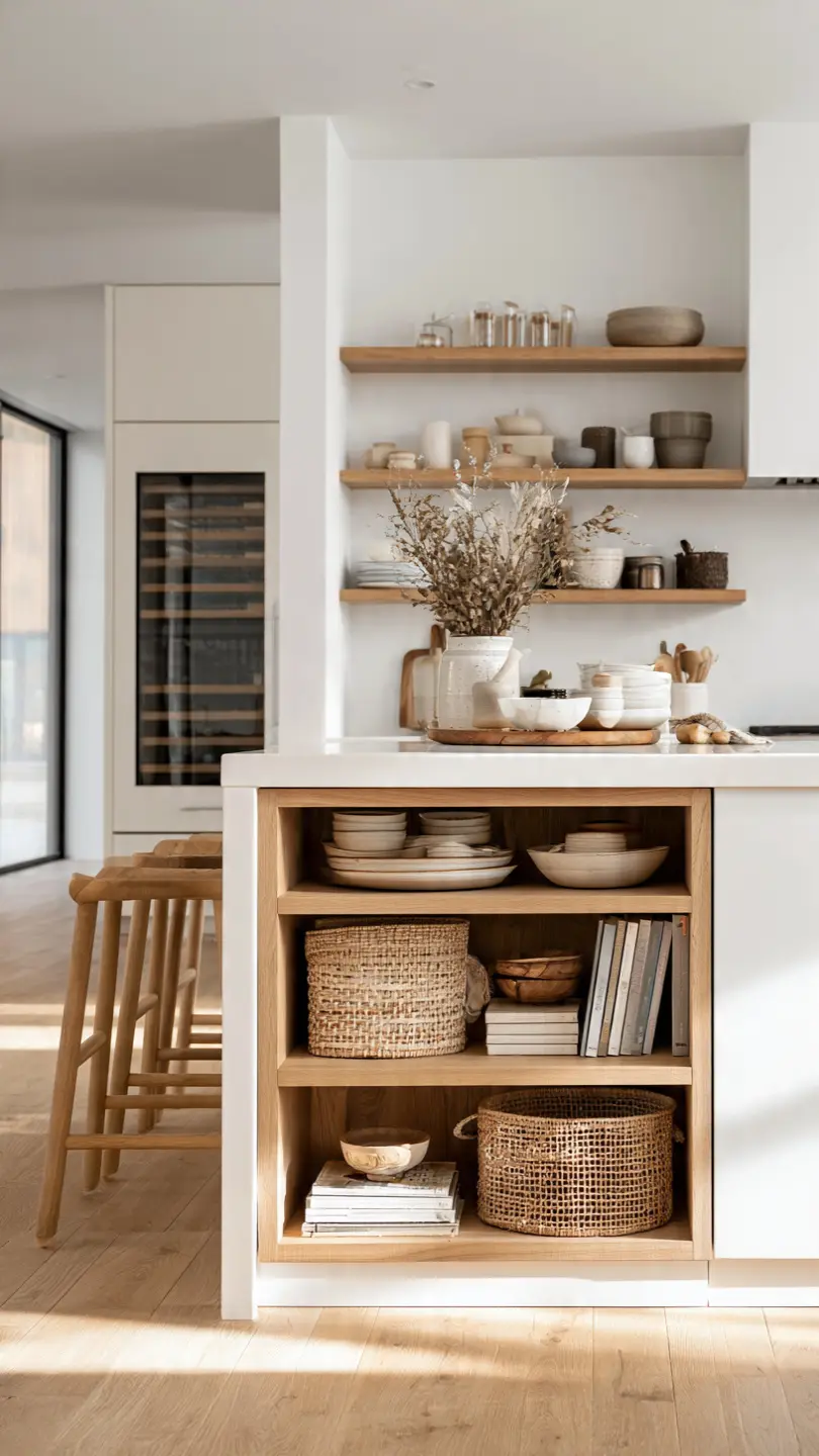 Scandinavian Kitchen Island With Open Wooden Shelving
