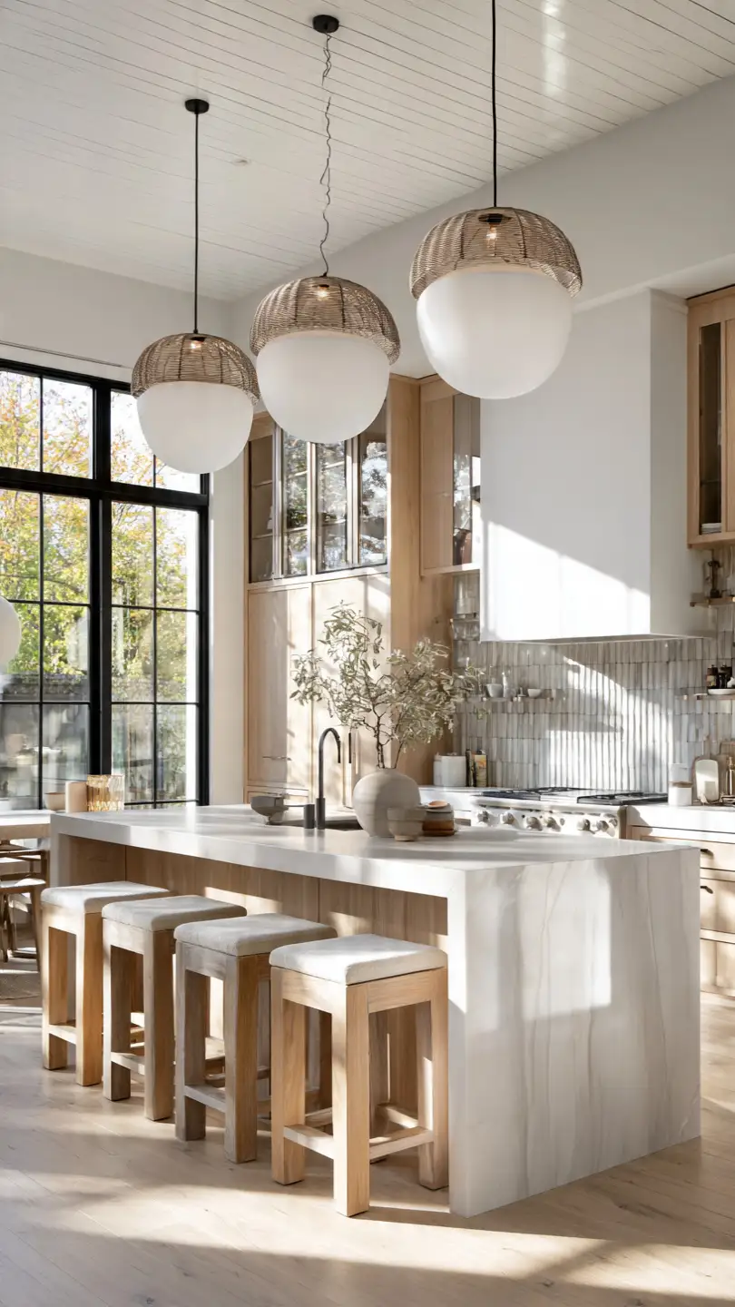 Scandinavian Kitchen Island With Statement Pendant Lighting