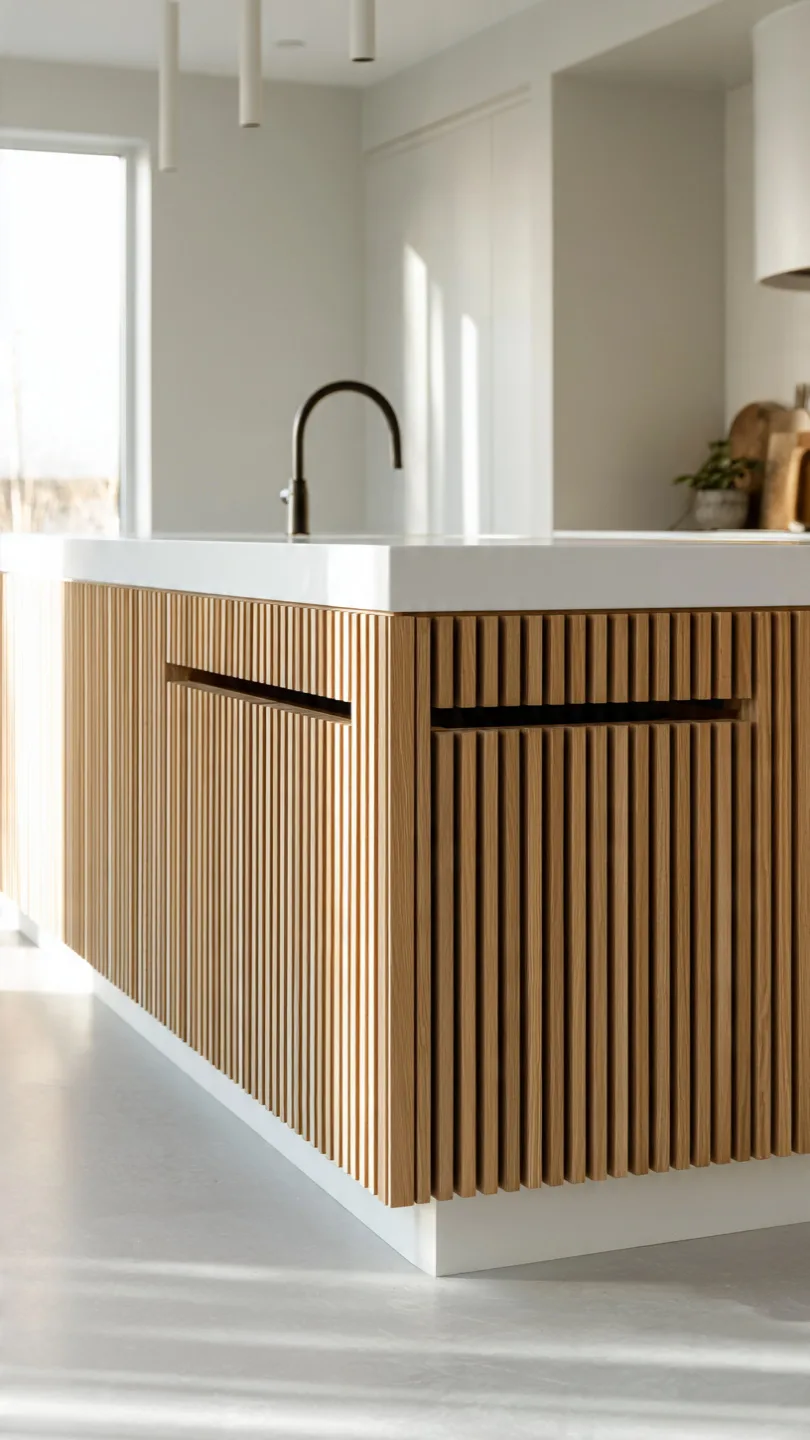 Scandinavian Kitchen Island With Vertical Wood Slat Detailing