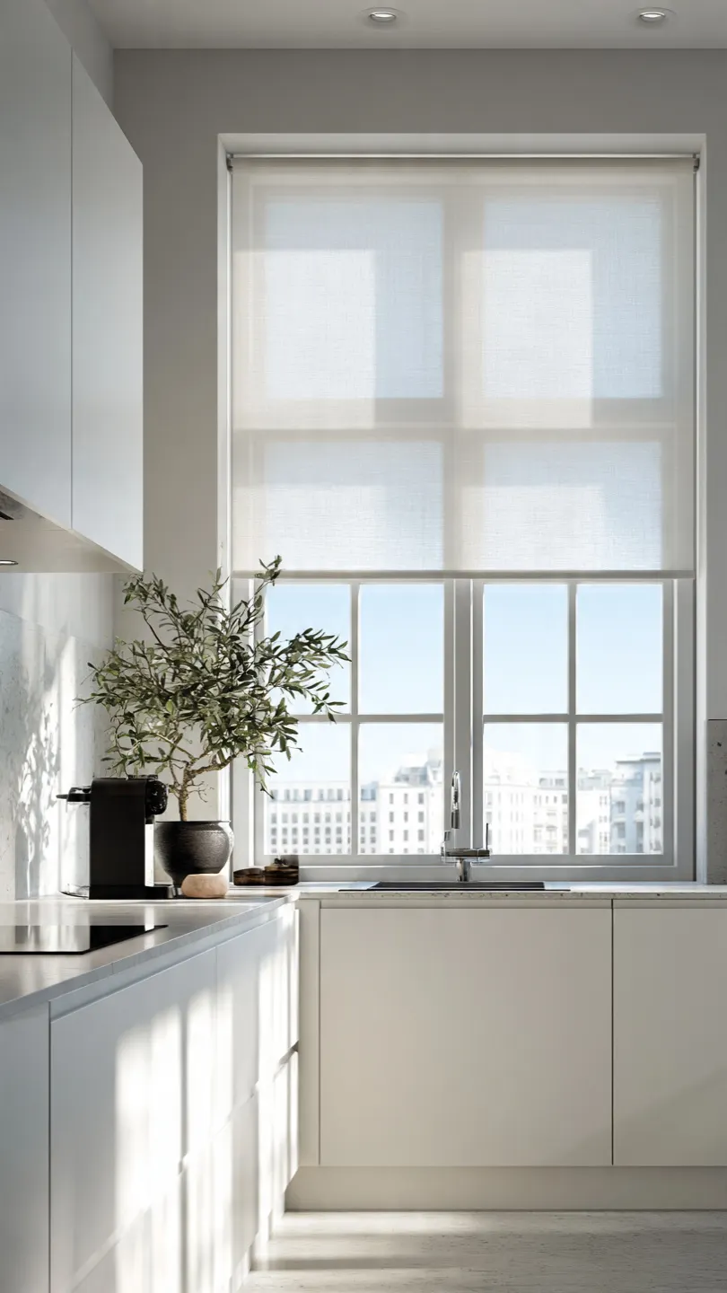 Sheer Roller Shades for Soft Lighting in Kitchen Window Treatments Above Sink