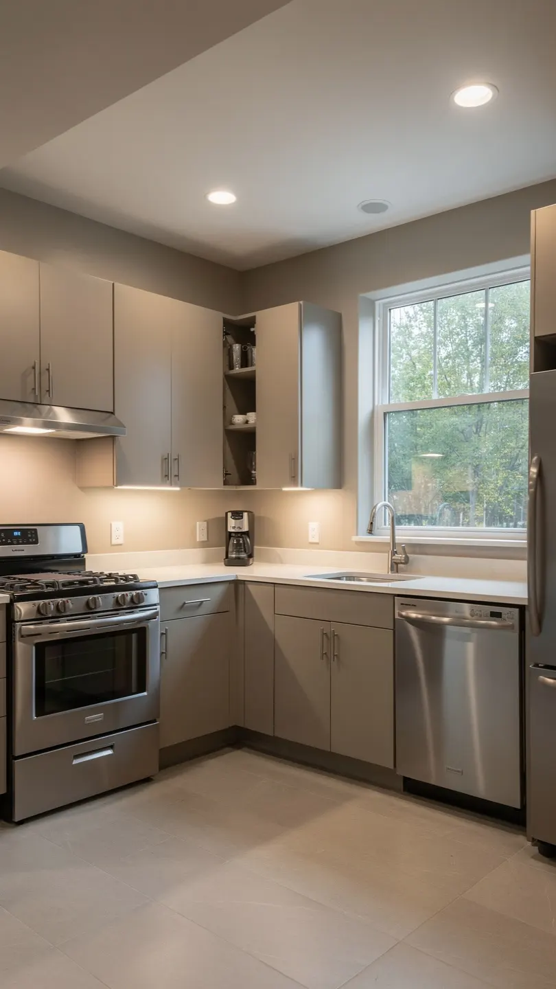 Small Basement Kitchenette With Corner Layout Design