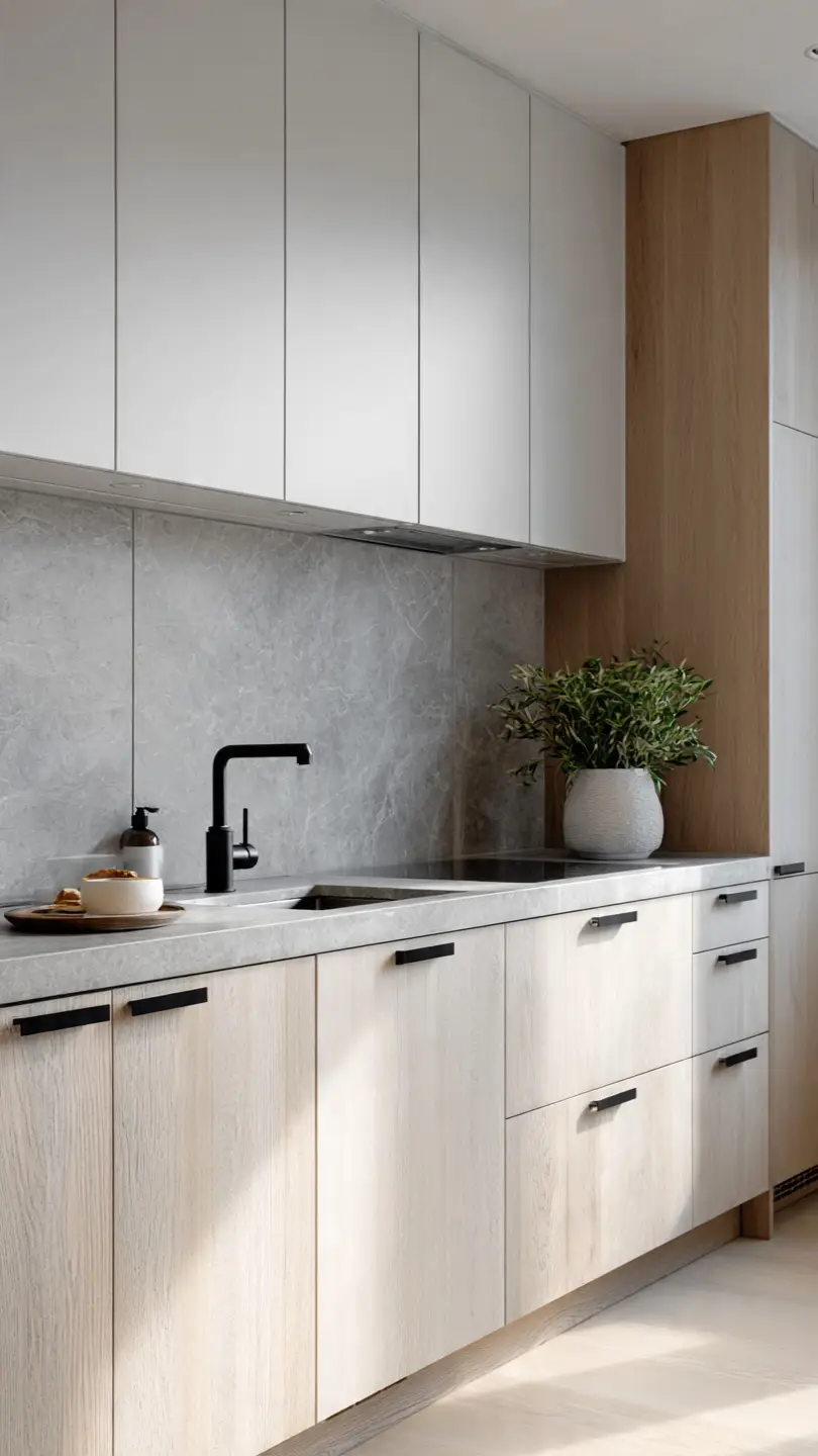 Soft Gray Stone Scandinavian Kitchen Backsplash