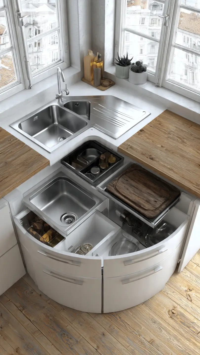 Space-Saving Corner Kitchen Sink with Smart Storage Solutions