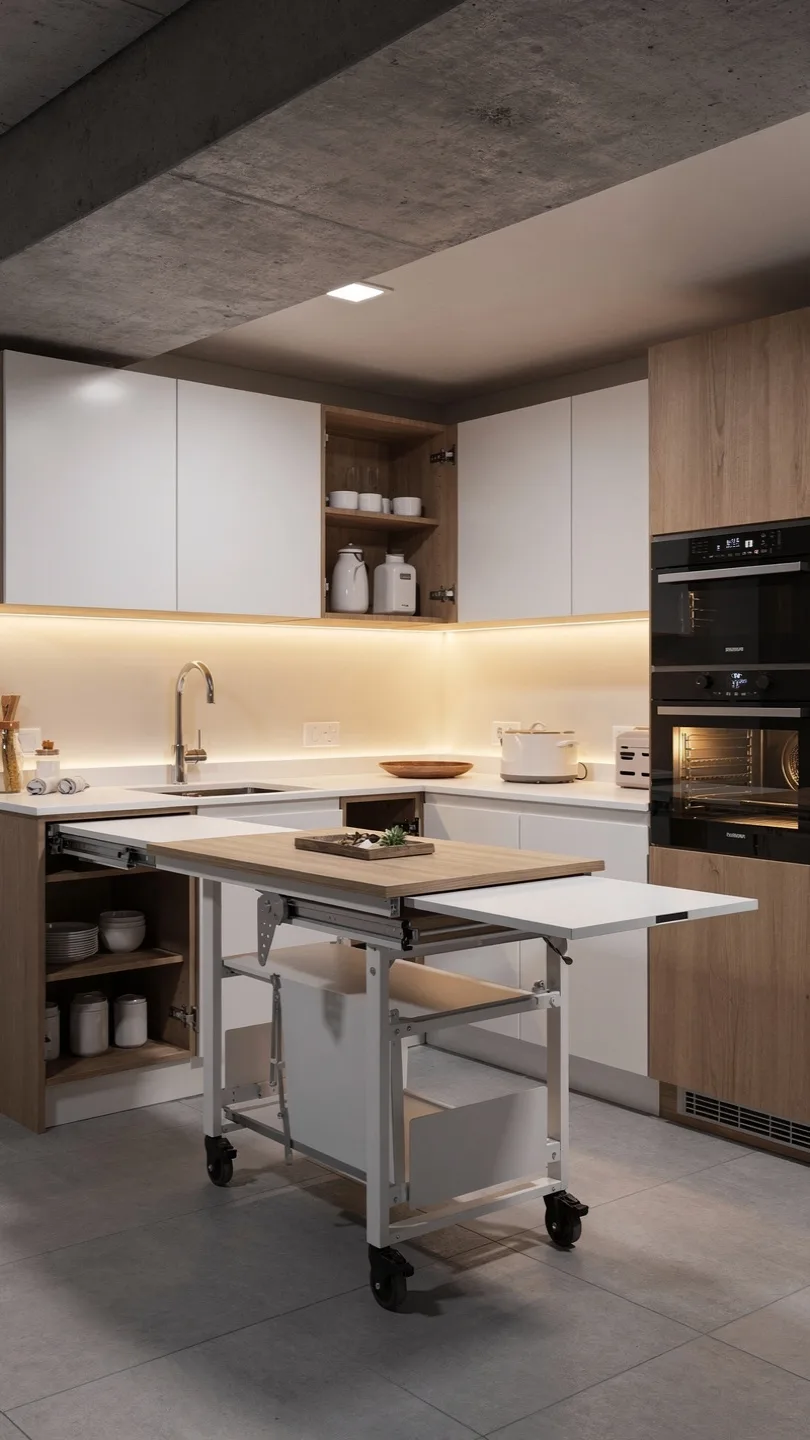 Space-Saving Foldable Basement Kitchenette with Island Features