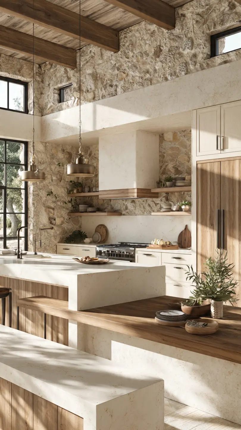 Tan Quartz Countertop with Natural Stone Backsplash Blend