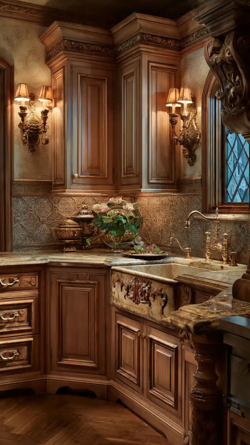 Traditional Corner Kitchen Sink with Decorative Cabinetry