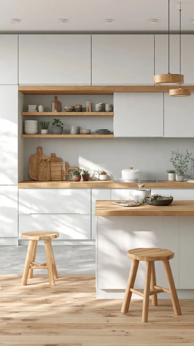Use Soft White Cabinets With Warm Wood Accents