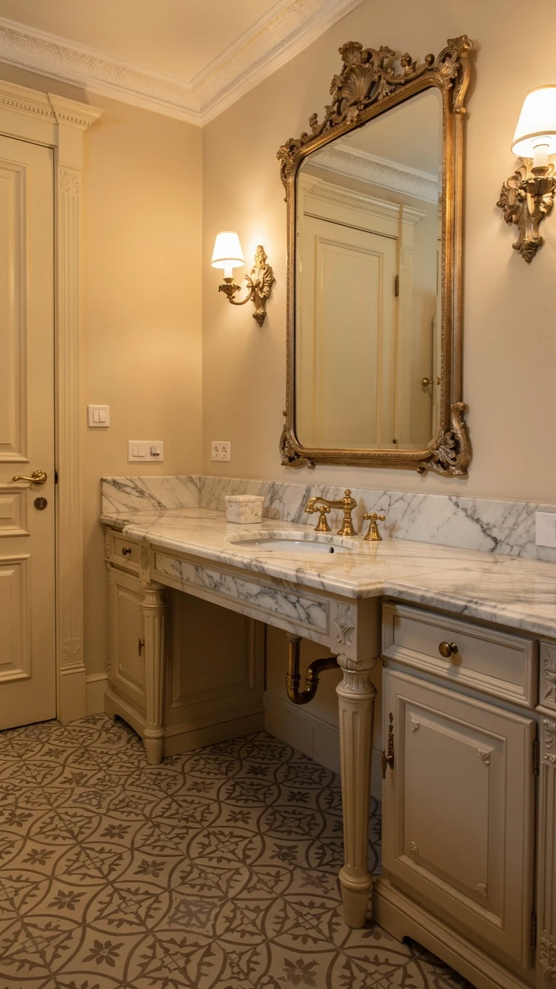 Vintage Inspired Bathroom Featuring a Calacatta Marble Sink