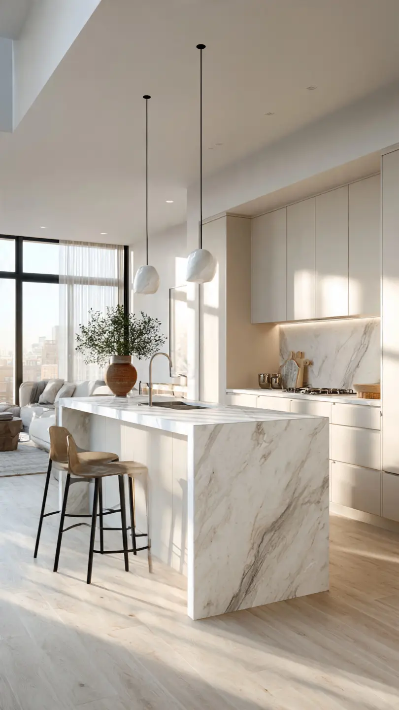 Waterfall Countertop Scandinavian Kitchen Island for Modern Homes