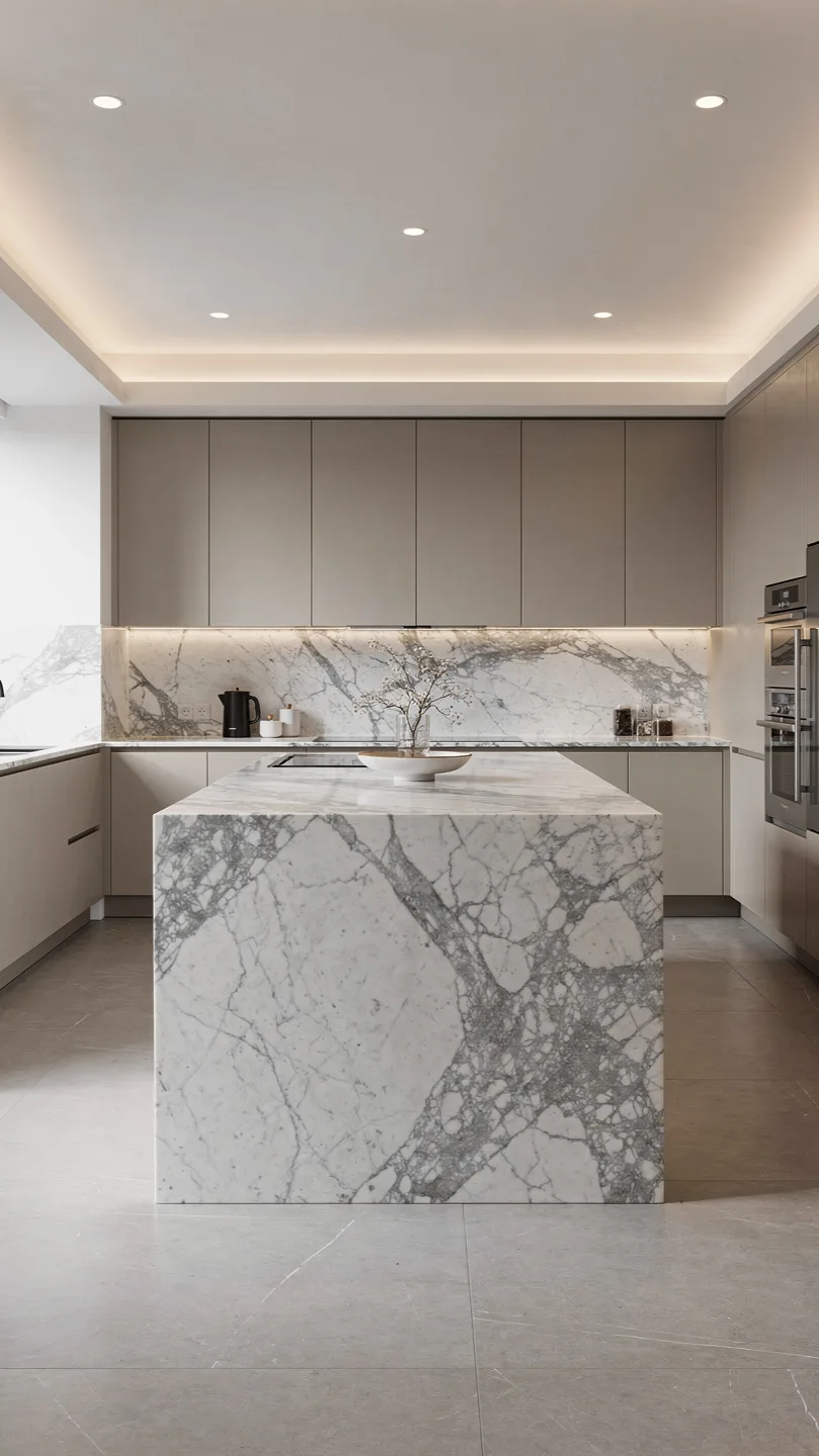 Waterfall Edge Calacatta Marble Kitchen Island Design