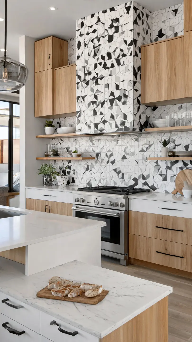 White Countertop with Bold Geometric Backsplash Design