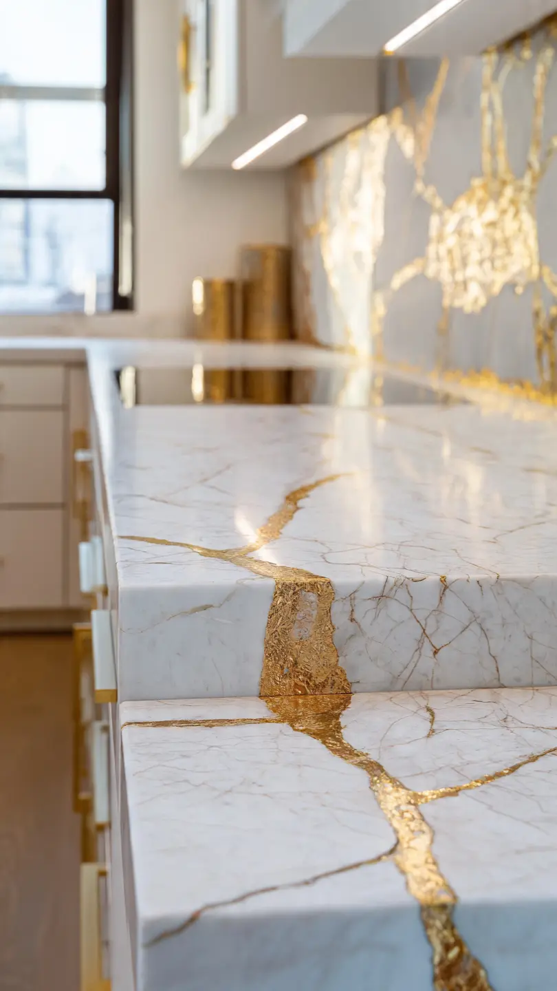 White Marble Countertop with Gold Vein Accent Backsplash