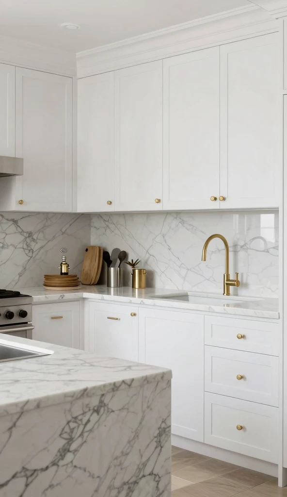 White Marble Paired Kitchen Cabinets For Timeless Elegance