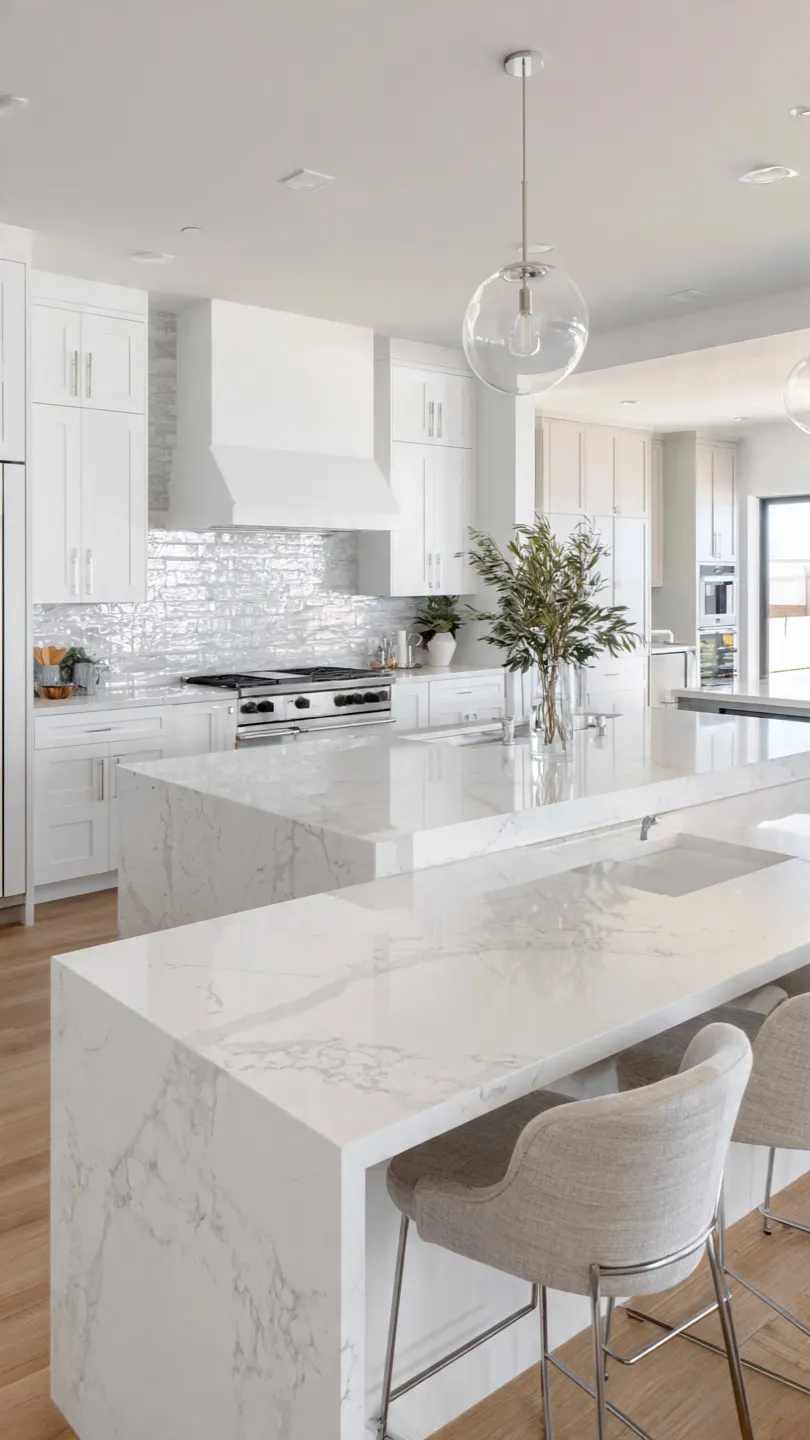 White Quartz Countertop with Marble-Inspired Subway Tile Backsplash