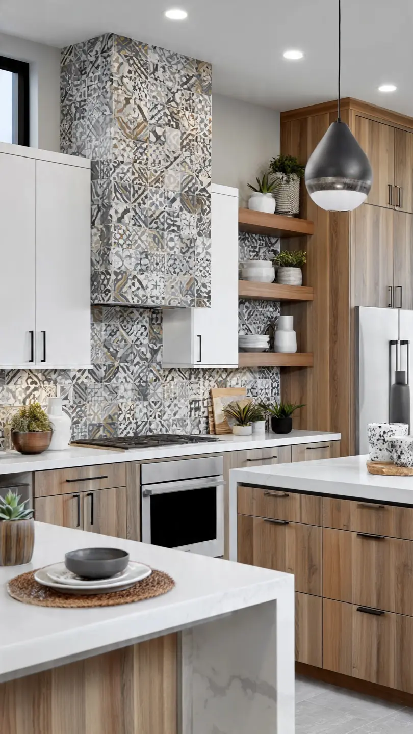 White Quartz Countertop with Patterned Ceramic Backsplash