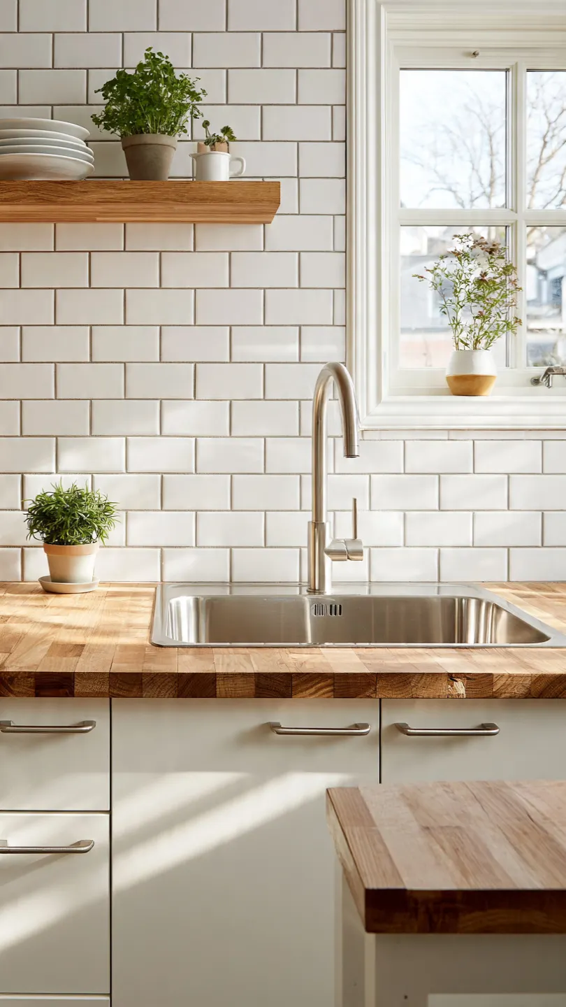 Wooden Countertop with White Tile Backsplash Contrast