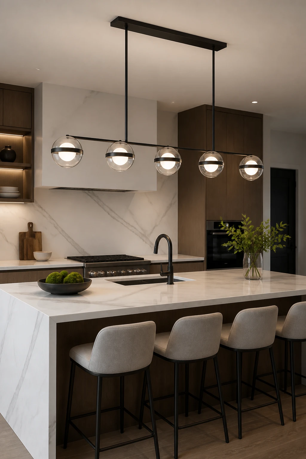 Modern pendant light fixture over marble kitchen island