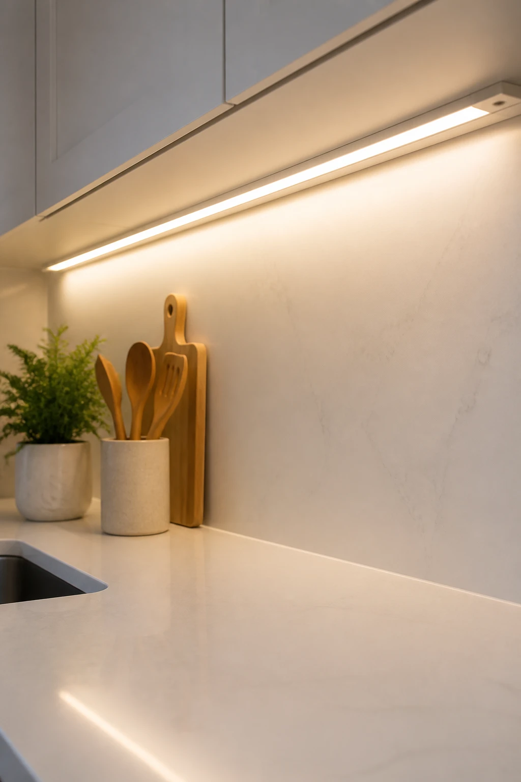 Closeup of under-cabinet LED lighting on white countertop
