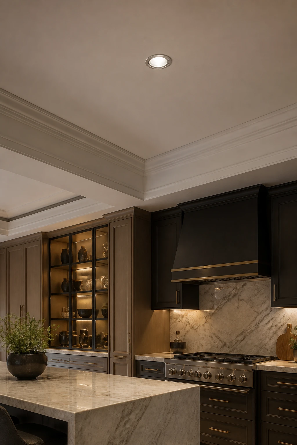 Single recessed ceiling light in luxury kitchen ceiling