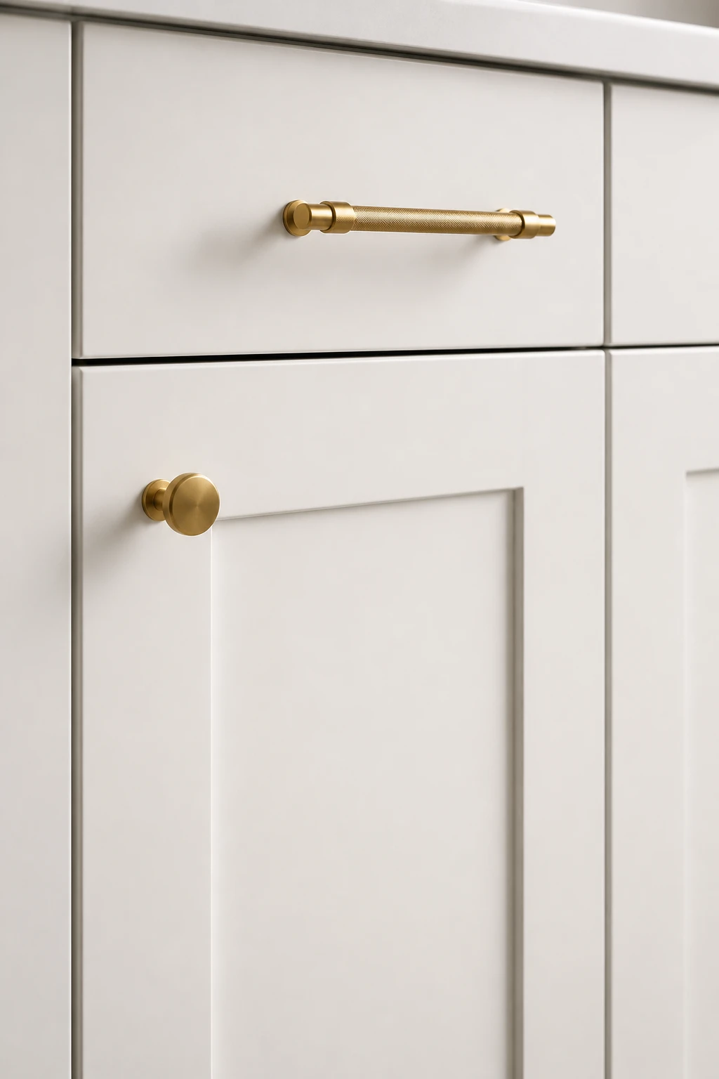 Closeup of white IKEA Sektion cabinet with brass hardware