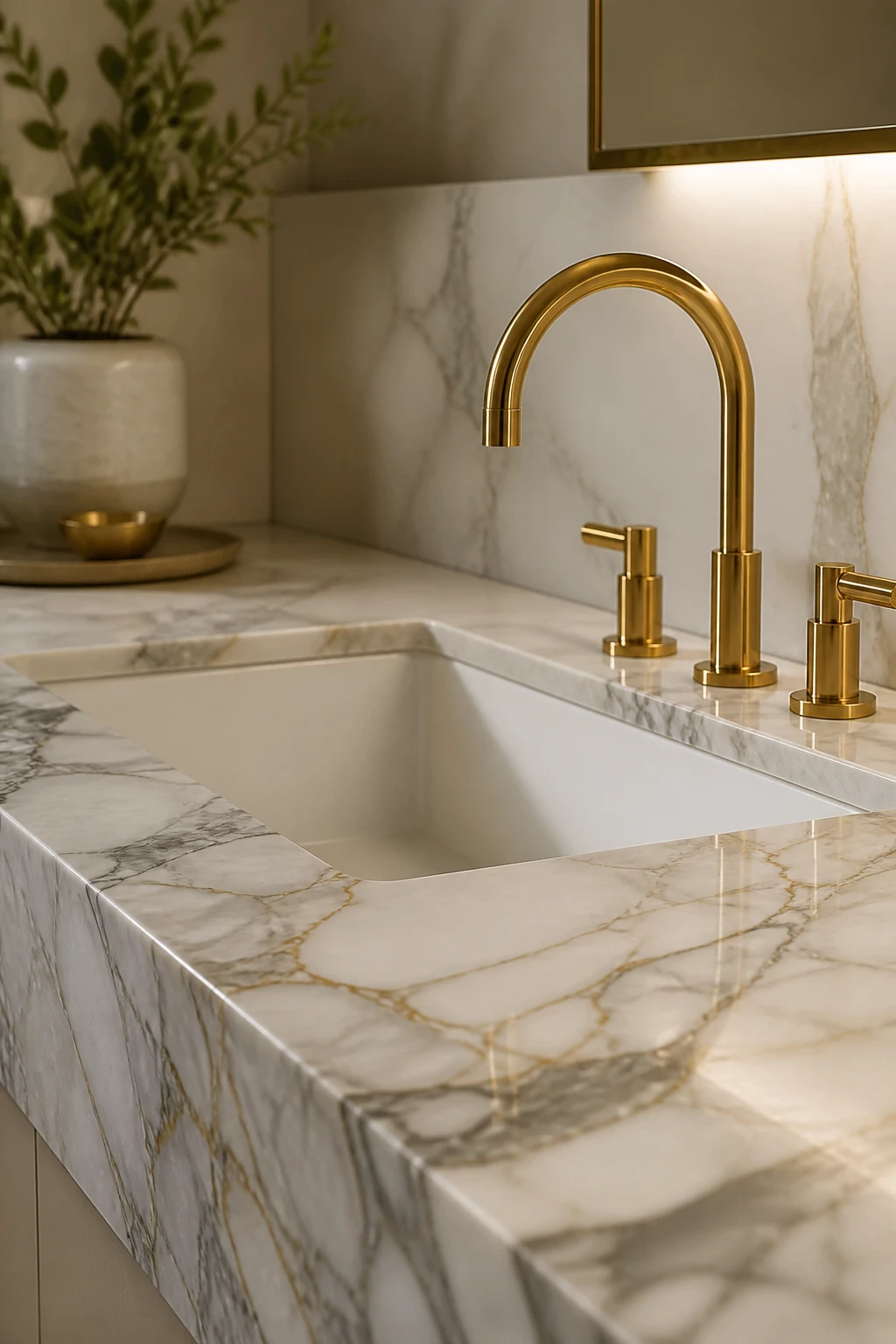 Marble countertop detail with modern gold faucet